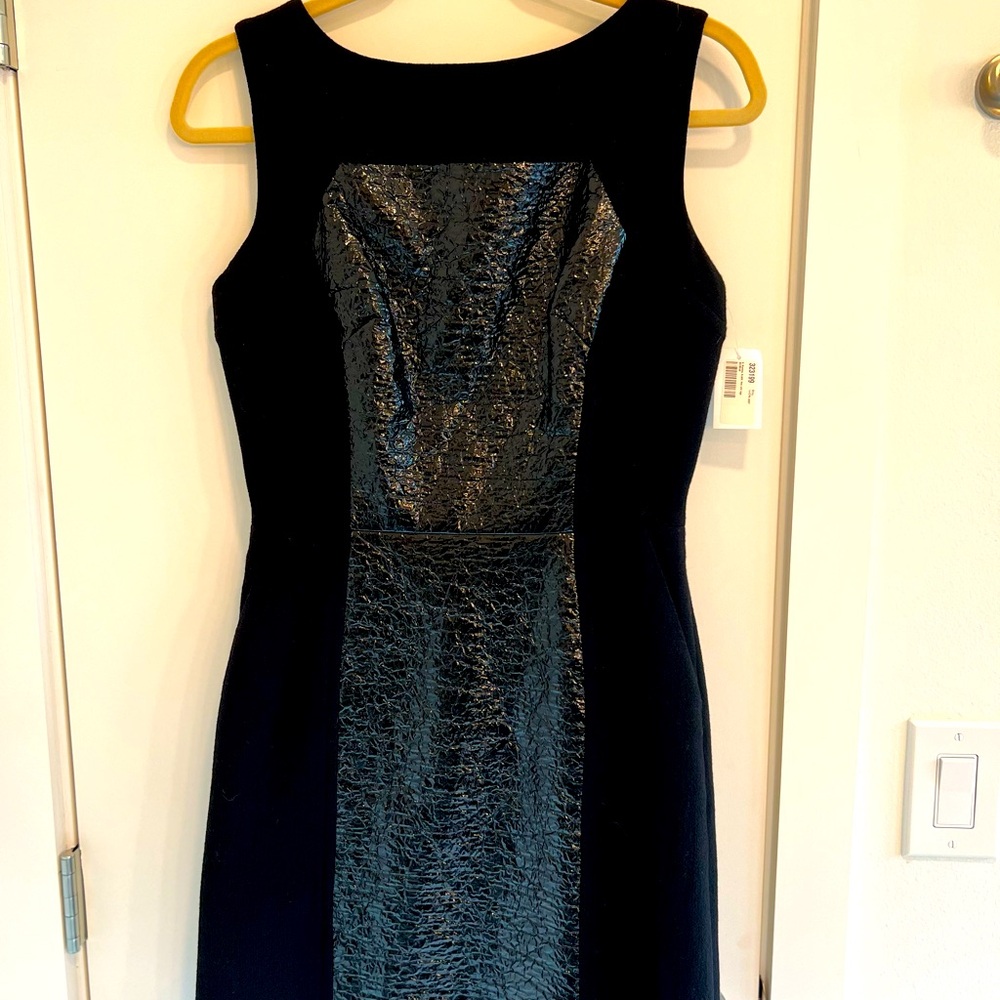 NWT Milly Black Wool Boatneck Crepe Dress with Faux Leather Inset, Size 6